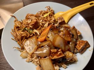 Mix of noodles, fried rice & black bean dish in our hotel   at Wawin Vegan Chinese in Glasgow
