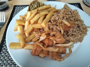 Salt & pepper tofu, chips, fried rice at Wawin Vegan Chinese in Glasgow