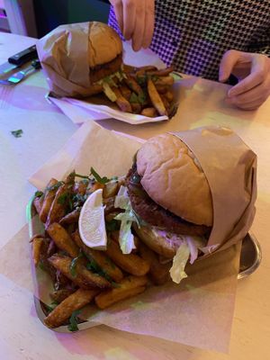 Two burgers made vegan with fries  at The Greedy Box - Øwregata in Aalesund