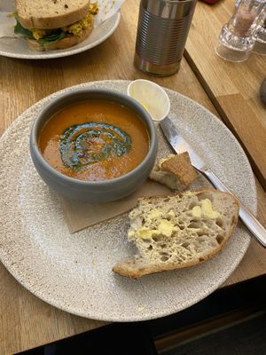 vegan tomato and basil soup with bread and vegan butter  at Levens Kitchen in Kendal