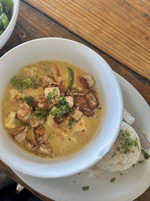 Coconut curry with tofu and veggies  at Barefoot Caribe in Caye Caulker