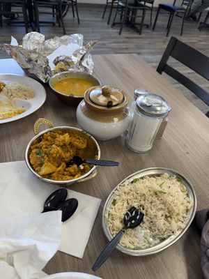 Aloo gobi. Yellow dal.  Roti and rice   at Swaad Stop in Holbrook
