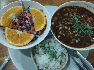 Vegan black beans, sausage and chorizo stew 👍🏽👍🏽 at Peyote Restaurant Samui in Koh Samui