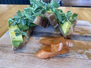 Avocado toast   at Happy Girl Kitchen in Pacific Grove