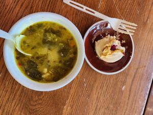 Soup of the day and vegan cheesecake at Happy Girl Kitchen in Pacific Grove