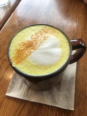 Golden milk latte w oat milk  at Happy Girl Kitchen in Pacific Grove