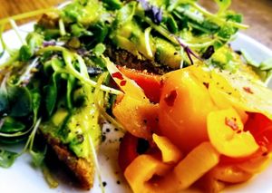 Avocado on fresh sour dough served with pickled veges at Happy Girl Kitchen in Pacific Grove