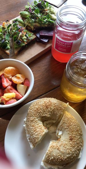 Avocado toast and bagel  at Happy Girl Kitchen in Pacific Grove