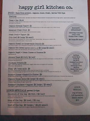 Menu as of 2/16/2020 at Happy Girl Kitchen in Pacific Grove