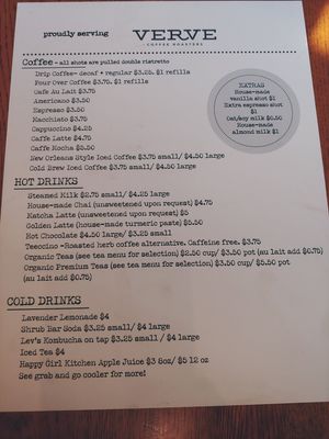 Drinks menu as of 2/16/2020 at Happy Girl Kitchen in Pacific Grove