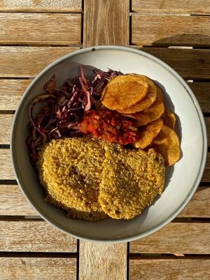 MUSHROOM SCHNITZEL 

Composition:
• oyster mushrooms
• fried potato 
• curry salad with cabbage 
• relish sauce at Lutra Lutra Bar in Tbilisi