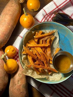 FRIED BATAT 

Сomposition:
• sweet potato (batat) 
• mushmula sauce at Lutra Lutra Bar in Tbilisi