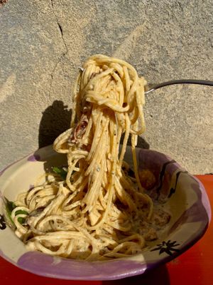 PASTA CARBONARA • 22 GEL

spaghetti, vegan bacon, provance herb, coconut creamy sauce, tofu, vegan cheese 🍝 at Lutra Lutra Bar in Tbilisi