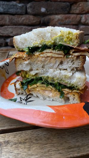 ITALIAN SANDWICH 
(fried bread with spinach, vegan pesto, cheese, vegan meat and tofu) at Lutra Lutra Bar in Tbilisi