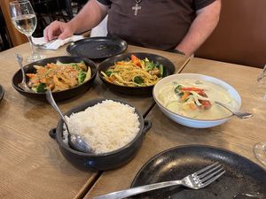 Vegetable stir fry with peanut sauce, Singapore noodles, Green curry and steamed rice  at Thai Days Restaurant in Goolwa