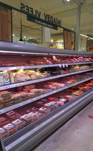 even though it looks bloody red, these are faux meats at EkoPlaza - Haarlemmerstraat in Amsterdam