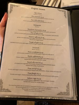 Vegan menu  at La Piazza Antica in York