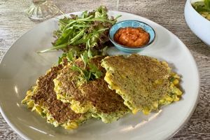 Corn and zucchini fritters  at The Shala Bali in Ubud