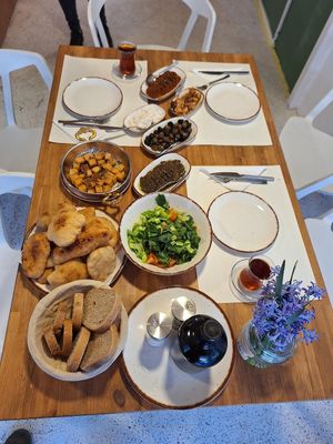 our breakfast table with flowers from garden at Litea in Mugla