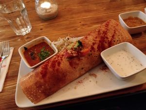 Peanut dosa with VERY small dal soup at Goura Pakora in Berlin