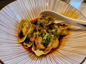 Vegan wonton with spicy sauce at Dumpling the Noodle Kirkland in Kirkland