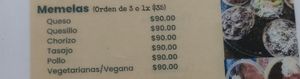 Menu, including vegan memelas at Punto Sur - La Cumbre in San Jose Del Pacifico