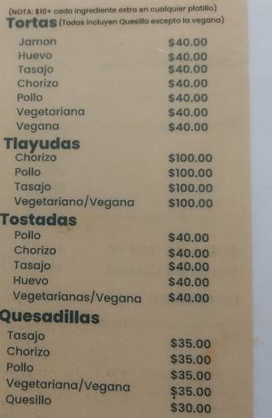Menu, including vegan tortas, Tlayudas, tostadas, quesadillas at Punto Sur - La Cumbre in San Jose Del Pacifico