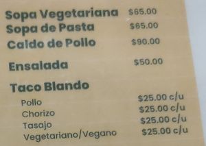 Menu, including vegan soup, tacos, guacamole at Punto Sur - La Cumbre in San Jose Del Pacifico