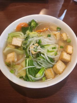 Pho noodle soup with tofu, veggies, and veggie broth at Pho Midway in Dallas
