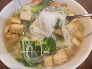 Pho noodle soup with tofu, veggies, and veggie broth at Pho Midway in Dallas