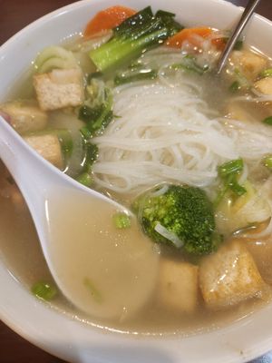 Pho noodle soup with tofu, veggies, and veggie broth at Pho Midway in Dallas