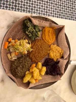 Bayeynet, vegan combo platter .  at Sajna-Lebanese and Ethiopian Restaurant in Lisbon