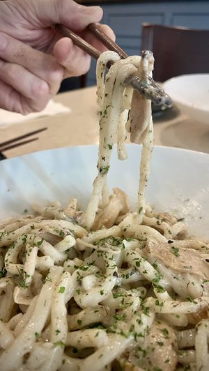 Udon carbonara   at The Hestia Veggie in Vancouver