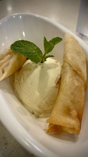 Banana roll dessert (Ⓥ one) w ice cream   at The Hestia Veggie in Vancouver