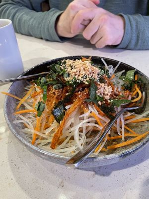 Papaya salad with sea grapes and soy jerky  at The Hestia Veggie in Vancouver