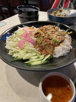 Vegan fish noodle bowl (so good!)  at The Hestia Veggie in Vancouver