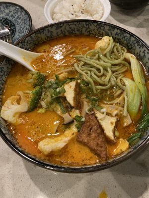 Curry Laksa with kale noodles  at The Hestia Veggie in Vancouver