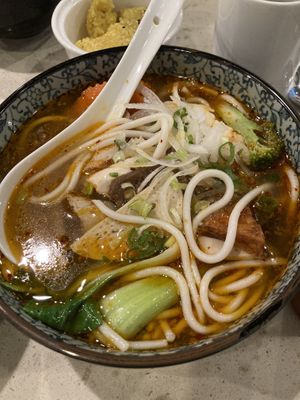 Bun Bo Hue with thick vermicelli   at The Hestia Veggie in Vancouver