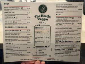 Menu at The Hestia Veggie in Vancouver