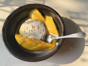 Mango sticky rice w/ yellow and red rice btw  at The Hestia Veggie in Vancouver