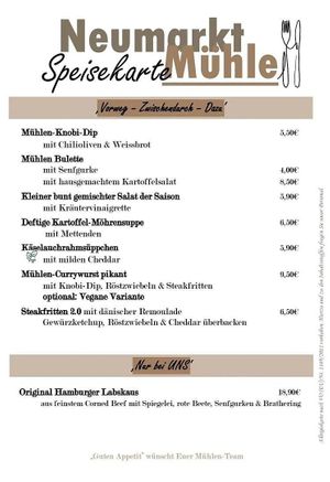 Vegan: Mühlen-Currywurst; Vegetarisch: Käselauchrahmsüppchen, Steakfritten 2.0 at Neumarkt Mühle in Osnabrueck