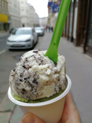 matcha on the bottom and cookie on the top at Veganista Ice Cream I in Vienna