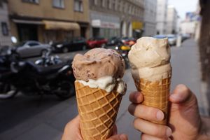 Praline and Black Forest, and Oat Vanilla at Veganista Ice Cream I in Vienna