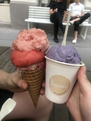black forest gateaux, strawberry, watermelon and raspberry, hazelnut, blueberry/lavender  at Veganista Ice Cream I in Vienna