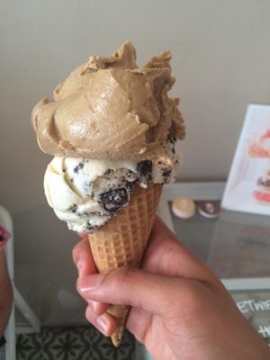 Double scoop of soy ice creams (cappuccino and cookies) in a cone -- DELICIOUS!  at Veganista Ice Cream I in Vienna