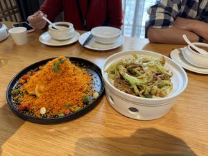 Fried eggplant with minced fried carrot over it and dry pot cauliflower  at Rushisu in Dongguan