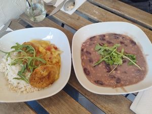 Beans stew and lesos (Hungarian dish) of cabbage rice sweet pepper and seitan at Ablak a Bablak  in Veszprem