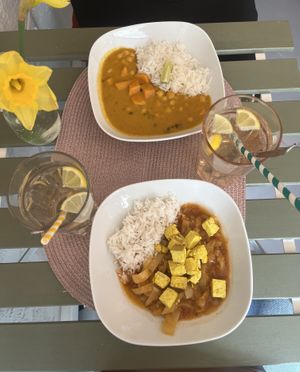 Sweet potato and chickpea curry; Lecsó with rice and tofu “eggs”  at Ablak a Bablak  in Veszprem