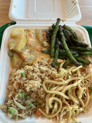 Szechuan string bean, curry potato, lo mein, fried ricee  at Bodhi Express in Westlake