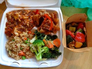 Large Combo with Ma Po Tofu, Beijing Mushrooms, Kung Pao Gardein Chickn, Veg Fried Rice, and Mixed Greens. Delicious! at Bodhi Express in Westlake
